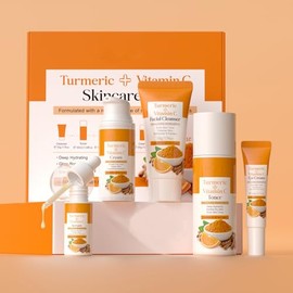 BeauBase Kurkuma Vitamin C Hautpflege Set, Geschenkset Damen,5 Stück Gesichtspflege mit Reiniger, Toner, Serum, Augencreme, Feuchtigkeitscreme