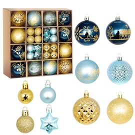 Christmas Baubles Gold Blue, 44 Pieces Christmas Tree Decoration, Hooks for Christmas Baubles Set, Christmas Baubles Plastic for Christmas Tree Decoration, Outdoor Christmas Decoration