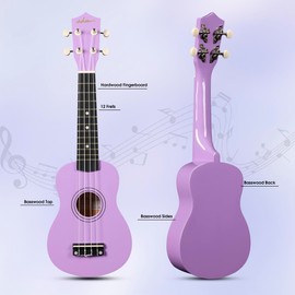 ADM Ukulele for Beginners Hawaiian Wood Ukelele Kit for Kids Adult Student Starter Professional Ukalelee Pack Bundle with Free Lessons Gig Bag Strap Nylon String Tuner (Light Purple, 21 Inch)