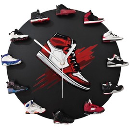 3D Wall Clock with 12 Mini Shoe Models, Decorative Sneaker Clock Basketball Shoe Clocks Gift for Boys & Girls Friends (Black-12)