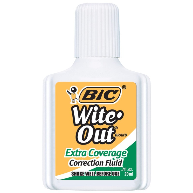 BIC Wite-Out Extra Coverage Correction Fluid, 0.7 ounces Bottle, White,(WOFEC12WE)