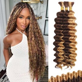 Human Braiding Hair for Boho Braids Human 110g 16 Inch Curly Boho Hair for Braiding Knotless 12A Deep Wave Bulk Bohemian 3 Bundles/Pack Natural Color (4/27)
