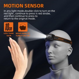 SuperFire Rechargeable Headlamp with Motion Sensor & Red Light, 350 Lumens, USB-C, IP44 Waterproof, 7H Runtime for Camping Hiking Hunting Running Fishing