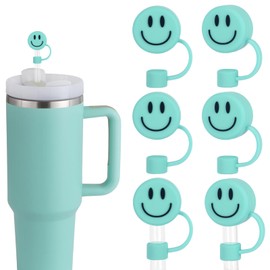 Whaline 6Pcs Smiling Face Straw Covers Mint Green Silicone Reusable Straw Topper Double Sided Pattern Straw Tip Covers 10mm 0.4 Inch for 30 & 40 OZ Tumbler with Handle
