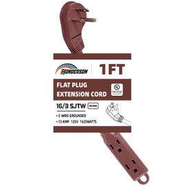 HONDERSON 3-Outlets Flat Plug Indoor Extension Cord Outlet Extender, UL Certified, 16 Gauge 1FT Brown 3 Prong Heavy Duty, 16/3 SJTW 13A Power Strip