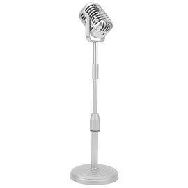 Retro Microphone Props Liftable Realistic Lightweight Fake Vintage Microphone Model Toy Prop with Stand for Cosplay Costume Role Play for Role Play Party Costume Stage (Silver)