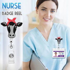 Plifal Badge Reel Holder Retractable with ID Clip for Nurse Nursing Name Tag Card Cute Cow Medical Assistant Funny Accessories with Alligator Clip for Hospital Student Work Office