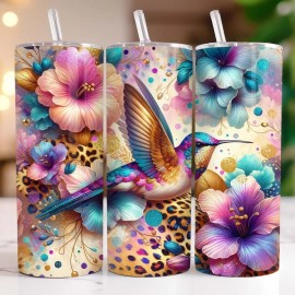 Unbranded Hummingbird Floral Colorful Skinny 20oz Tumbler W/ Lid Insulated Travel Mug