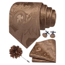 GUSLESON Khaki Paisley Tie Mens Silk Wedding Brown Necktie Pocket Square Cufflinks and Lapel Pin Set (6111-03)