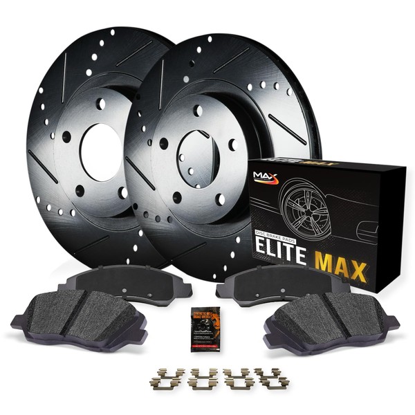 Max Advanced Brakes Front Brake Kit For 2001-2003 2004 2005 2006 2007 Toyota Sequoia 2000-2003 2004 2005 2006 Tundra Replacement Drilled Slotted Black Coated Disc Brake Rotors and Ceramic Brake Pads