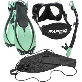 Phantom Aquatics Rapido Boutique Collection Marine Adjustable Snorkeling Fin Tempered Glass Mask Snorkel Set with Carry Net Bag (Mint Black, ML/XL, 9-11 / EU: 41-45)