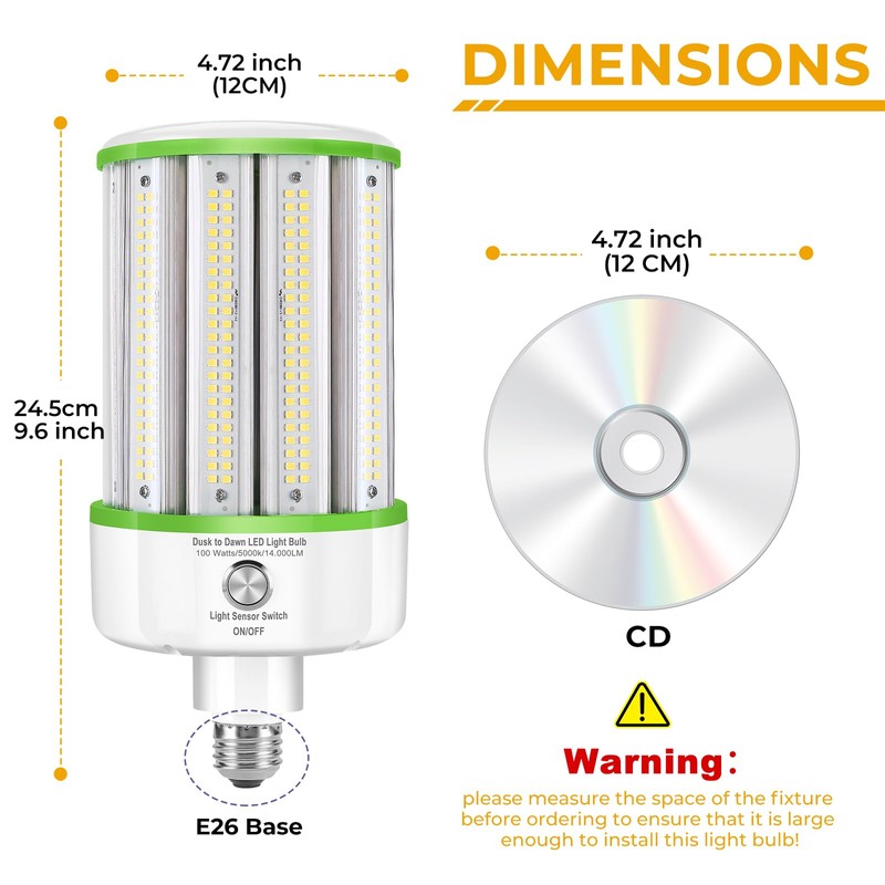 2 Pack Dusk to Dawn Light Bulbs 100W(Equivalent 1000W), E26/E39
