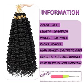Deep Wave Crochet Hair 20 Inch 6 packs Long Curly Braiding Hair Extensions Ocean Wave Crochet Hair For Black Women Synthetic Ocean Hair Curly For Boho Box Braids (#1B, 20inch, 6PC)