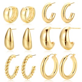6 Pairs Gold Hoops Earrings for Women, Trendy Chunky Hoops Earring Set, Lightweight Open Huggie Earring Small Cartilage Sleepers (Gold A)