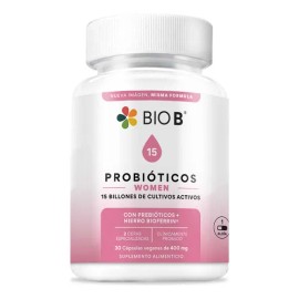 Bio B Probióticos Women con 15 billones UFC + Hierro BioFerrin Cepas especializadas + prebióticos 30 cápsulas veganas