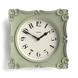 Jones Clocks® Rialto wall clock | Traditional scroll design | 25cm | Sage green | Contemporary classic style, ideal for kitchen, living room or bedroom