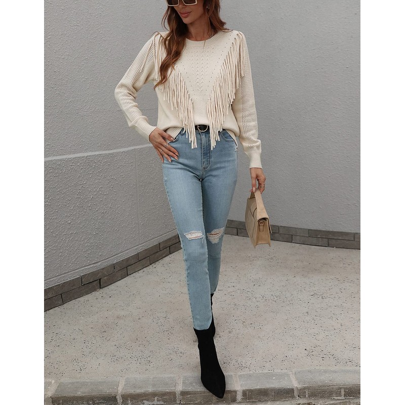 chouyatou Women's Casual Crewneck Fringe Tassel Knitted Pullover Sweater Jumper