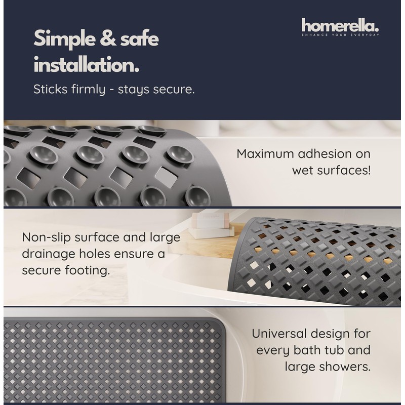 homerella® Bathtub Mat Non Slip 35x16, Incl. Hooks for Drying,