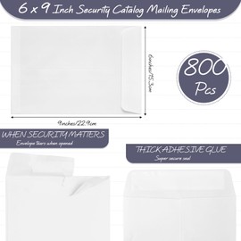 Fuutreo 800 Counts White Envelopes 6 x 9 Inch Self Adhesive Catalog Security Mailing Envelopes with Adhesive for Mailing Storage Organizing Home Office