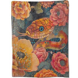 Floral Snake Throw Blanket, Vibrant Botanical Flower Red Serpent Blankets for Bedroom Living Room Couch Decor, Fuzzy Cozy Soft Lightweight Throws, for Women Adults Men, 50x60 in