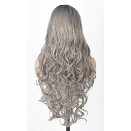 Topcosplay Ombre Grey Wigs For Women Long Wavy Curly Wig Middle Part Full Wigs Heat Resistant Fiber Hair