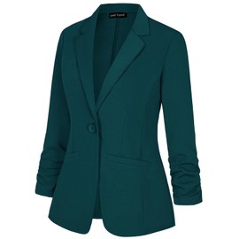Blazer for Women Lapel Button 3/4 Ruched Sleeve Suit Jacket Casual Work Office Blazer with Pockets(Dark Green M)