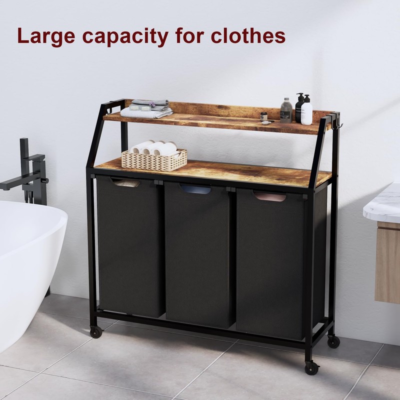 Timberer Laundry Hamper, Laundry Sorter 3 Section, Rolling Laundry Basket