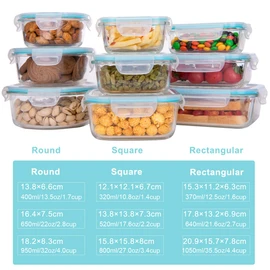 AILTEC Glass Food Storage Containers with Lids, [18 Piece] Glass Meal Prep Containers, Containers for Food Storage with Lids, BPA Free & Leak Proof (9 Lid & 9 Container)