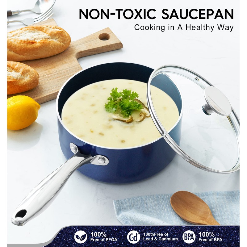 MICHELANGELO Sauce Pan with Lid, Ceramic Saucepan Set, 1.5Qt &