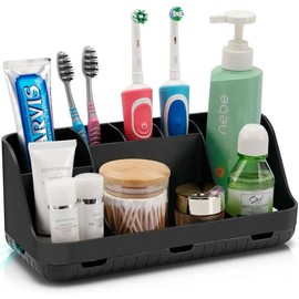 Marble Bathroom Countertop Organizer - Detachable 7 Slots Kids Electric Toothbrush and Toothpaste Holde Drainage for Bathroom Accessories Organization Counter Vanity Storage, Grey Rubber - Colour: Black