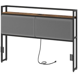 YATINEY King Size Headboard, Upholstered Head Board with Charging Station, Headboard with Open Storage, King Headboard Only, Vintage Style, Sturdy and Stable, Rustic Brown, Gray and Black