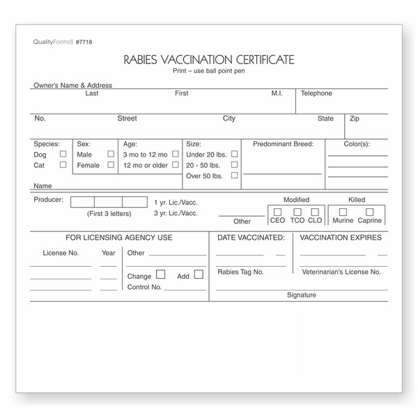 Veterinarian, 3-Part Rabies Vaccination Certificates for Cats & Dogs (100