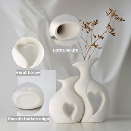 White Ceramic Vase Hollowed Heart Flower Vase Set for Modern Nordic Boho Home Decor, Aesthetic Vase for Table Centerpiece, Wedding, Living Room, Bookshelf, Office, Entryway, Console, Fireplace(Matte)