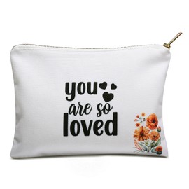 Kacenamo Cosmetic Bag, Female Friendship Gift, Medium Travel Linen Makeup Bag, You are So Loved, Linen Cotton Fabric White Toiletry Bag, Pouch, Birthday Gift Bag for Woman