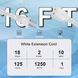 2 Prong White Extension Cord 16FT AC Small Extension Cable Indoor Outdoor Waterproof Long Power Supply Cord Male to Female Thin Power Cable for Lamps TV Christmas Light, 18AWG, 1 Pack