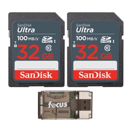 SanDisk 32GB Ultra SDHC UHS-I Memory Card (2-Pack) with All-in-One High Speed USB 2.0 Card Reader Bundle (3 Items)