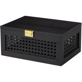 VinneGenzz Decorative Rattan Storage Boxes Solid Wood Woven Baskets Bins with Lid Keepsake Memory Jewelry Box Natural Boho Shelf Wicker Closet Desk Organizer Container (Black, Large Size)