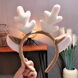 HIFANMM Christmas Reindeer Headband for Women Girls Xmas Deer Plush Headbands White Antlers Brown Ears Hair Band Non Slip Winter Christmas Party Holiday Outfit Hair Accessories