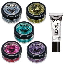 Moon Glitter Biodegradable Eco Glitter - 100% Cosmetic Organic Glitter for Face, Body, Nails, Hair and Lips - Set of 5 x 3 g - Plus Glitter Fixing Gel