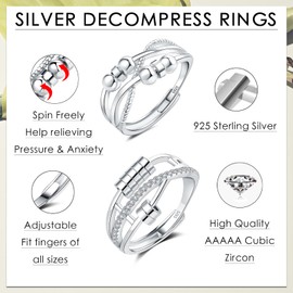 Zolkamery Silver Anxiety Ring for Women, 2PCS 925 Sterling Silver Fidget Ring with Beads, Adjustable Open Anti Anxiety Rings, Zirconia Spinner Relief Ring, Couples Unisex Stress Rings for Man Gifts