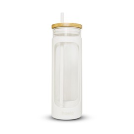 haelo 20oz Glass Tumbler Water Bottle, Iced Coffee Cup with Straw, Silicone Protective Sleeve, Bamboo Lid Reusable BPA Free (White)