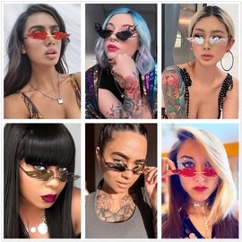 LASPOR Fire Flame Sunglasses for Women Men Retro Wave Rimless Glasses Vintage Fire Shape Gold Metal Frameless Eyewear, Dark Blue, Medium