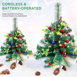 2 Sets 24.5in Pathway Christmas Trees, Outdoor Battery Operated Pre-Lit Pathway Christmas Trees Holiday Décor for Driveway, Yard, Garden w/LED Lights, Red Berries, Frosted Pine Cone, Ornament