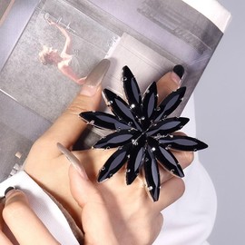 Black Rhinestone Large Flower Cocktail Statement Ring for Women Elegant Crystal Gemstone Floral Big Thick Wrap Finger Open Band Rings Comfort Fit Adjustable Party Bridal Wedding Prom Jewelry, Alloy