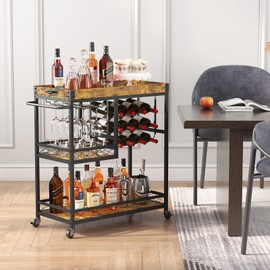 Lifewit Bar Cart, Home Bar Serving Cart, 3 Tier Drink Cart with 12 Wine Bottle Racks, Liquor Beverage Cart for Kitchen Dining Livingroom, 31.5" x 15.7" x 36.6", Removable Top Tray, Rustic Brown
