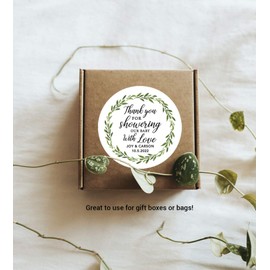 Thank You For Showering Our Baby with Love, Greenery Baby Shower Stickers for Party Favors, Woodland Theme, 11:12