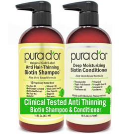 Pura d'or PURA D'OR Biotin Original Gold Label Anti-Thinning Shampoo & Conditioner Set (473ml x 2) Clinically Tested Effective Solution w/Herbal DHT Ingredients, All Hair Types, Men & Women (Packaging may vary)