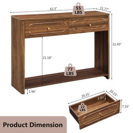 Fluted Console Table with Drawers, Mid-Century Narrow Entryway Table with Open Storage Shelves, Hallway Accent Tables Behind Couch Tables for Living Room (Walnut)