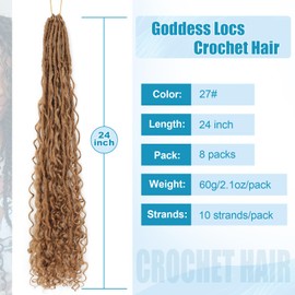 IIFLYDSFA Boho Faux Locs Crochet Hair 24 Inch 8 Packs Goddess Locs Crochet Hair with Curly Ends Honey Blonde 27# Pre-looped Bohemian River Locs Hair for Women
