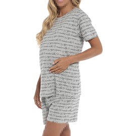 A2Z Ladies Maternity Shorts Pyjamas Set Printed Jersey Cotton Top Shorts - PJS 220 Grey 12-14